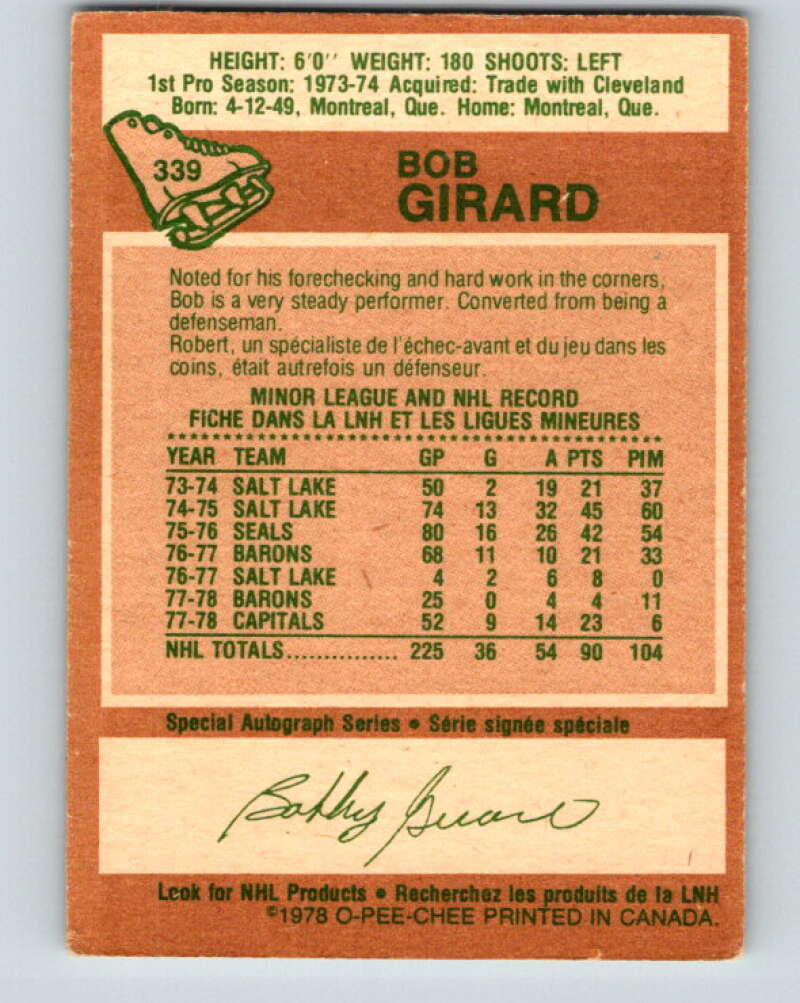 1978-79 O-Pee-Chee #339 Bob Girard  Washington Capitals  V25615