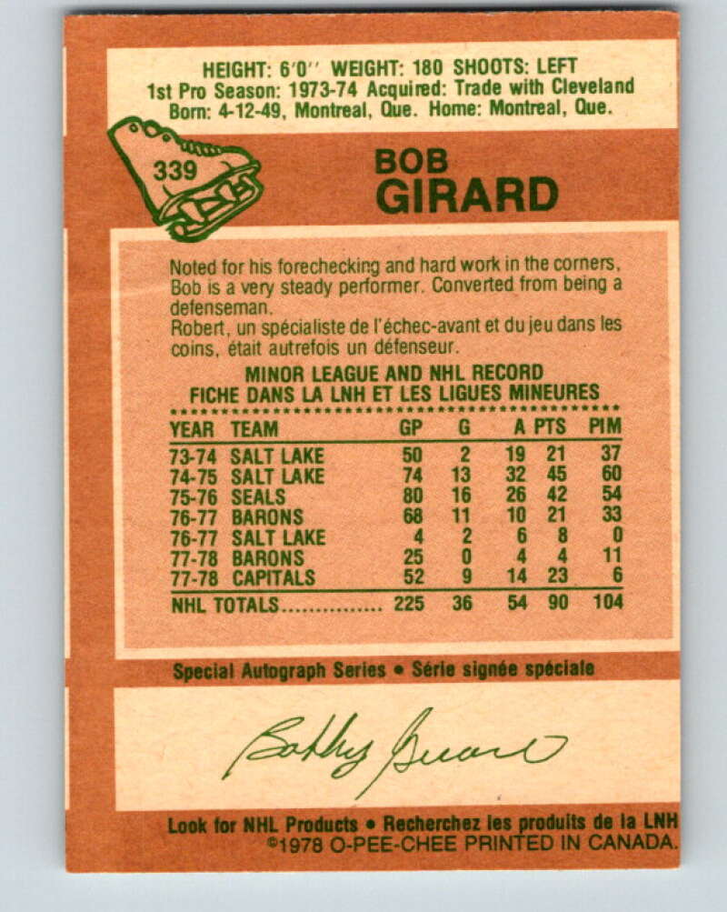 1978-79 O-Pee-Chee #339 Bob Girard  Washington Capitals  V25621
