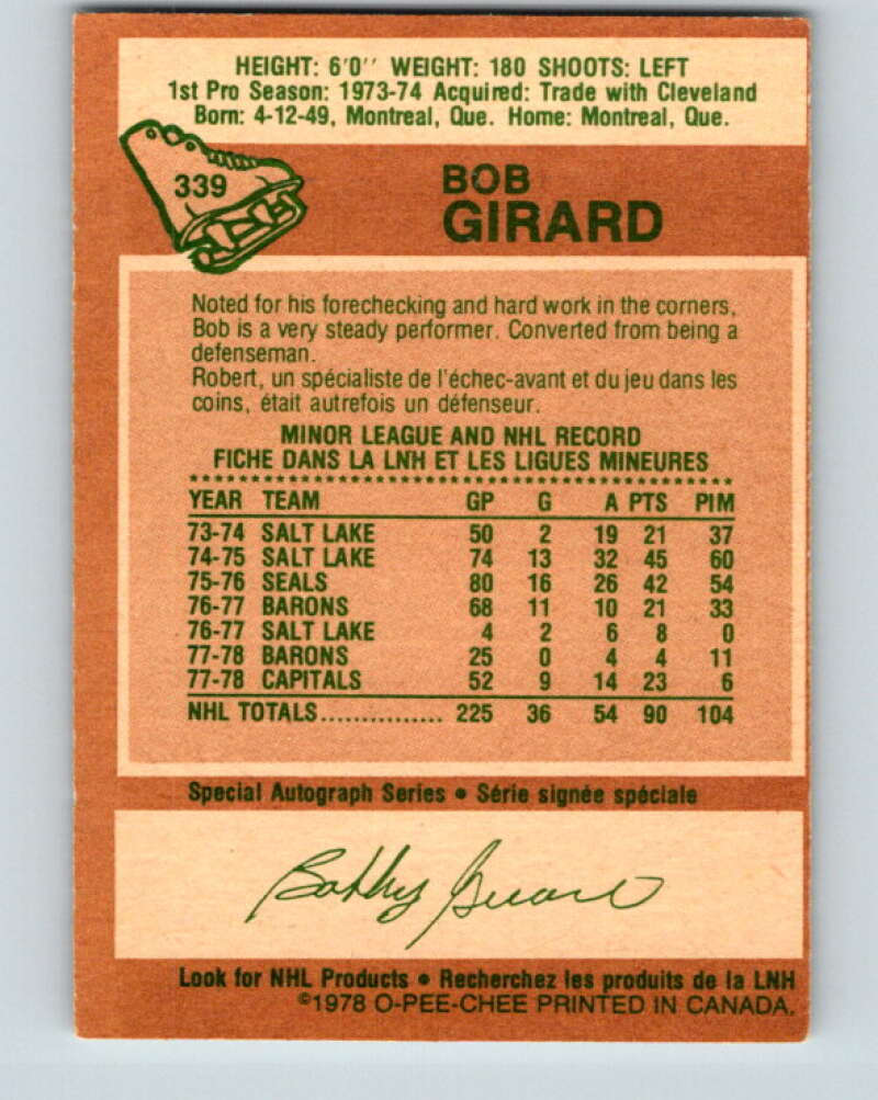 1978-79 O-Pee-Chee #339 Bob Girard  Washington Capitals  V25626
