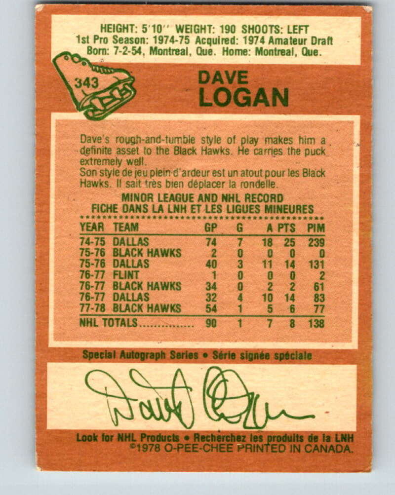 1978-79 O-Pee-Chee #343 Dave Logan  RC Rookie Blackhawks  V25668