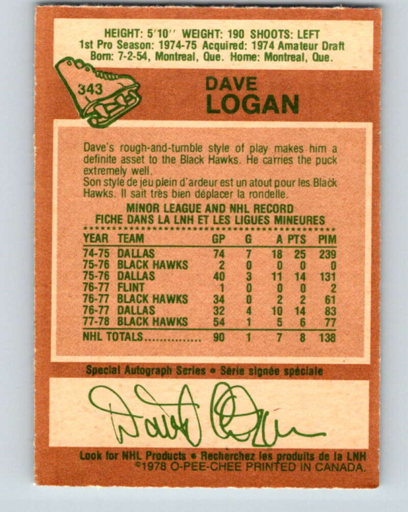 1978-79 O-Pee-Chee #343 Dave Logan  RC Rookie Blackhawks  V25669