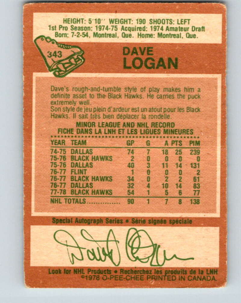 1978-79 O-Pee-Chee #343 Dave Logan  RC Rookie Blackhawks  V25671