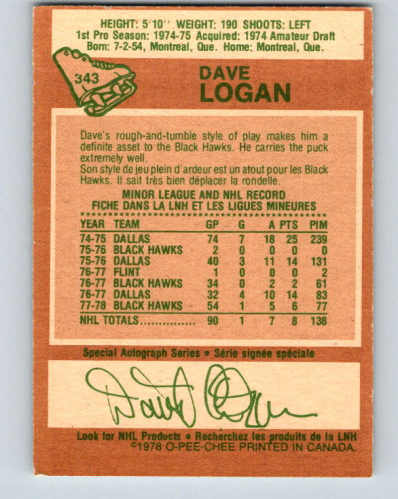 1978-79 O-Pee-Chee #343 Dave Logan  RC Rookie Blackhawks  V25674