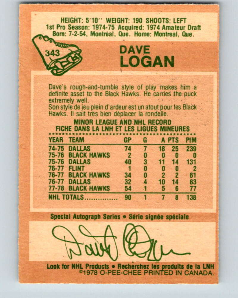 1978-79 O-Pee-Chee #343 Dave Logan  RC Rookie Blackhawks  V25675