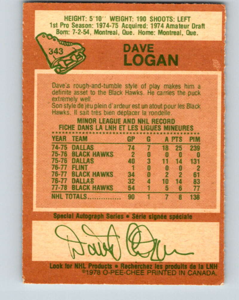1978-79 O-Pee-Chee #343 Dave Logan  RC Rookie Blackhawks  V25676