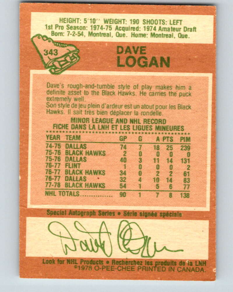 1978-79 O-Pee-Chee #343 Dave Logan  RC Rookie Blackhawks  V25677