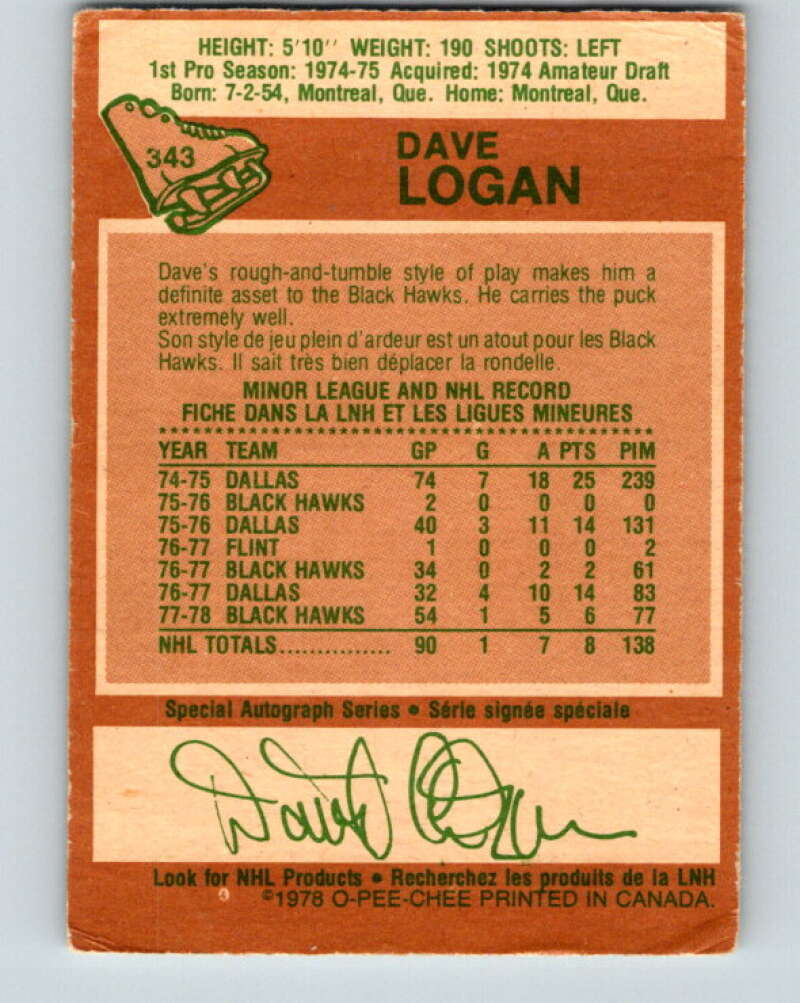 1978-79 O-Pee-Chee #343 Dave Logan  RC Rookie Blackhawks  V25678