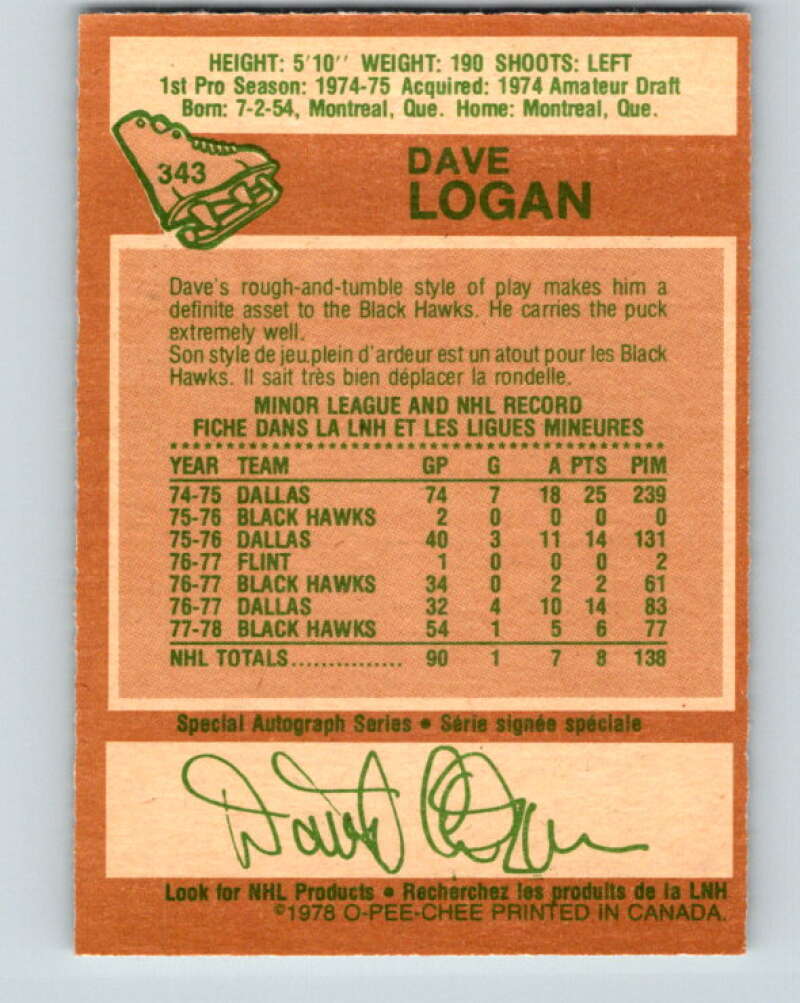1978-79 O-Pee-Chee #343 Dave Logan  RC Rookie Blackhawks  V25680