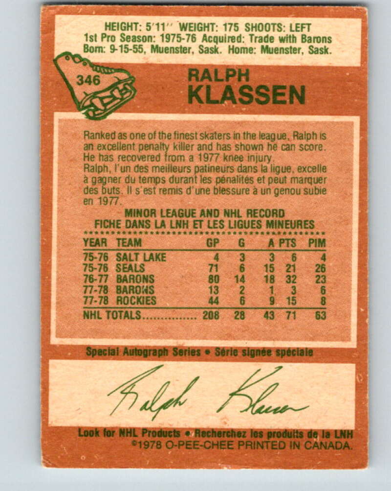 1978-79 O-Pee-Chee #346 Ralph Klassen  Colorado Rockies  V25716
