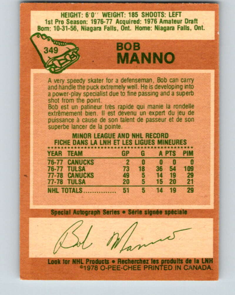 1978-79 O-Pee-Chee #349 Bob Manno RC Rookie Canucks  V25747