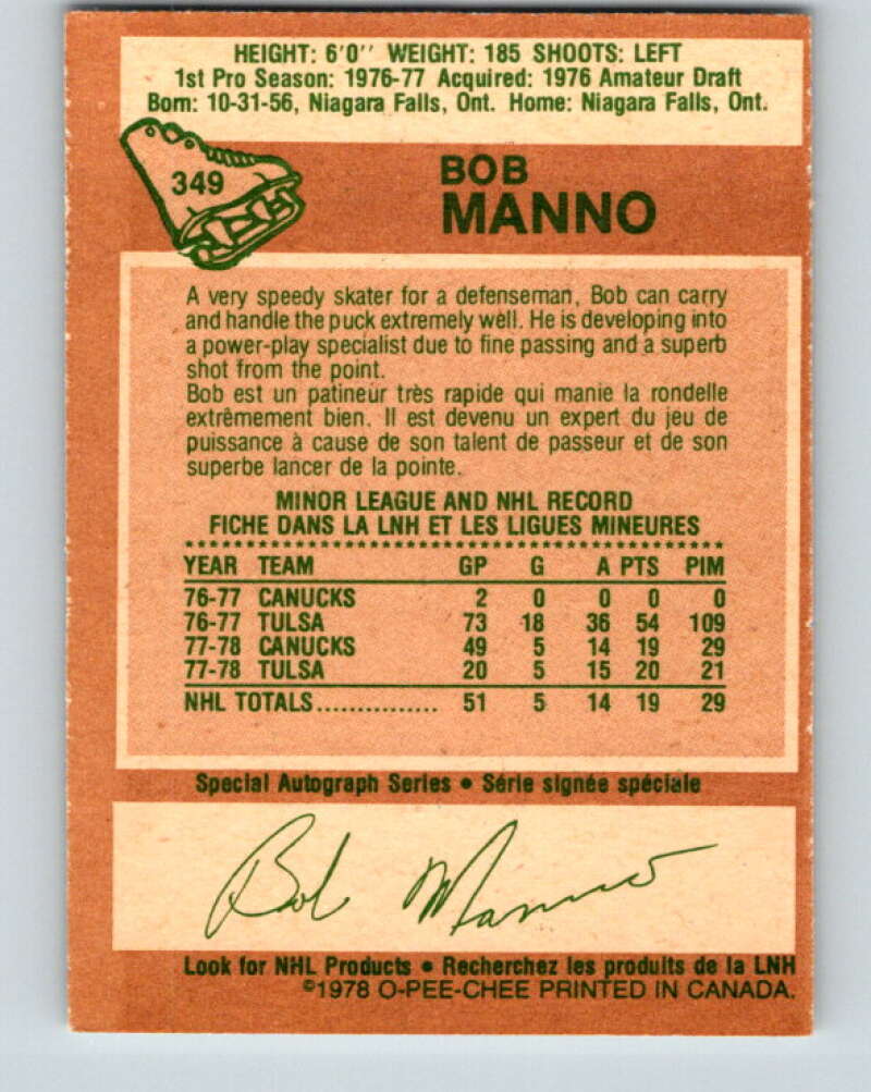 1978-79 O-Pee-Chee #349 Bob Manno RC Rookie Canucks  V25753