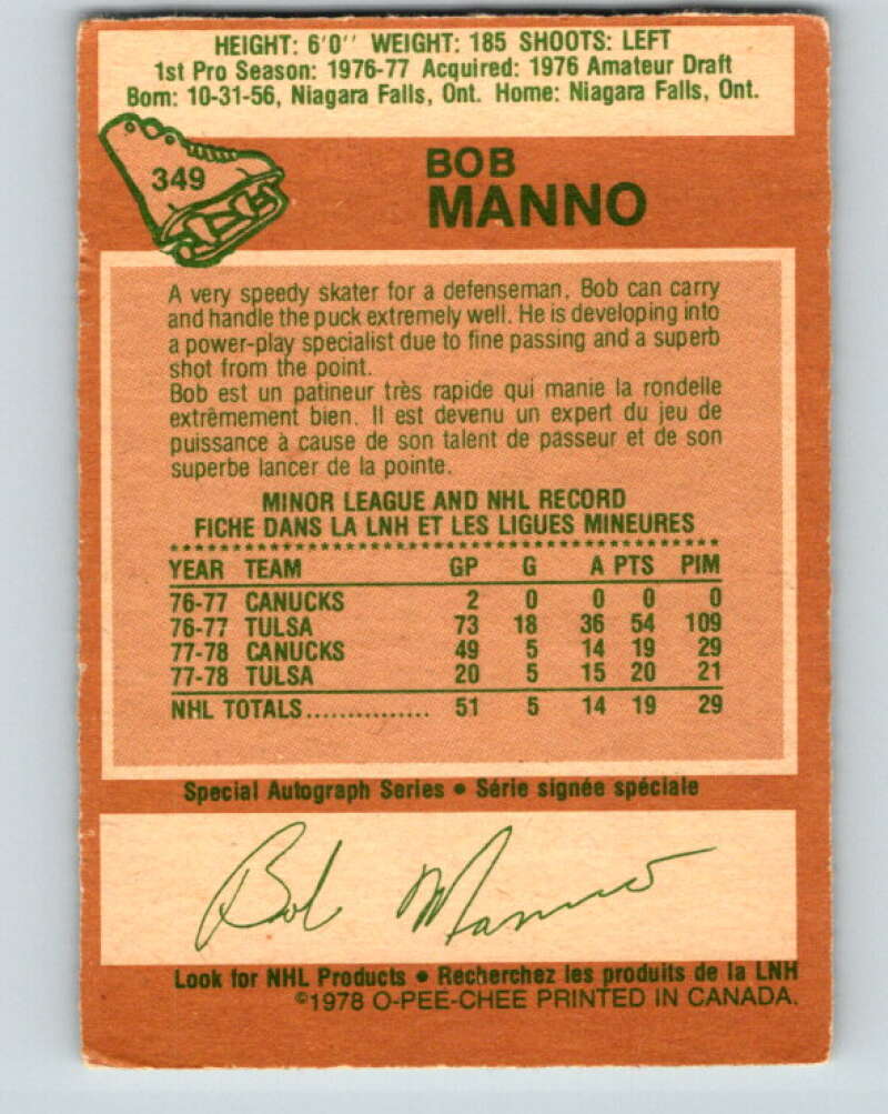1978-79 O-Pee-Chee #349 Bob Manno RC Rookie Canucks  V25754