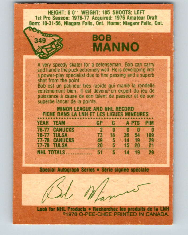 1978-79 O-Pee-Chee #349 Bob Manno RC Rookie Canucks  V25756