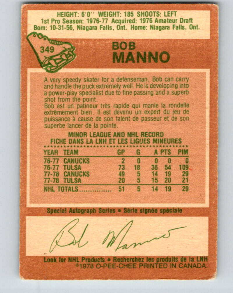 1978-79 O-Pee-Chee #349 Bob Manno RC Rookie Canucks  V25757
