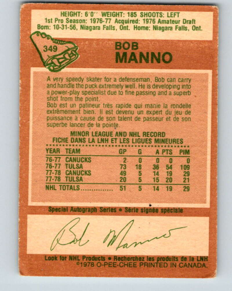 1978-79 O-Pee-Chee #349 Bob Manno RC Rookie Canucks  V25758