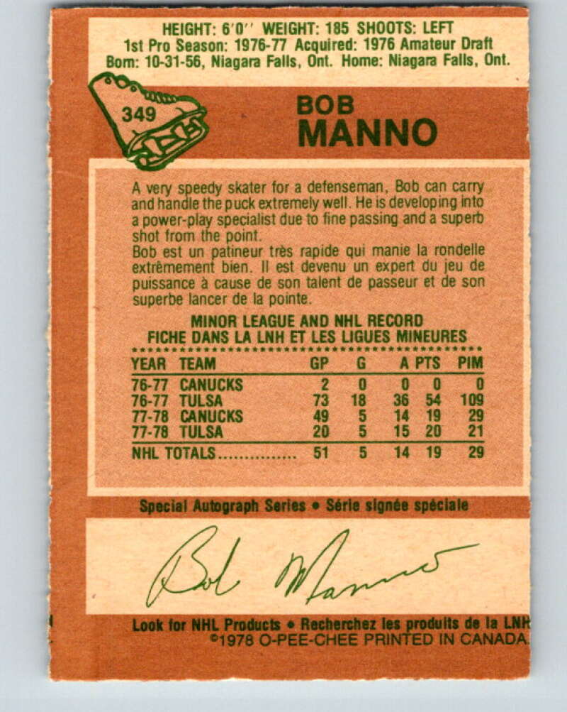 1978-79 O-Pee-Chee #349 Bob Manno RC Rookie Canucks  V25759