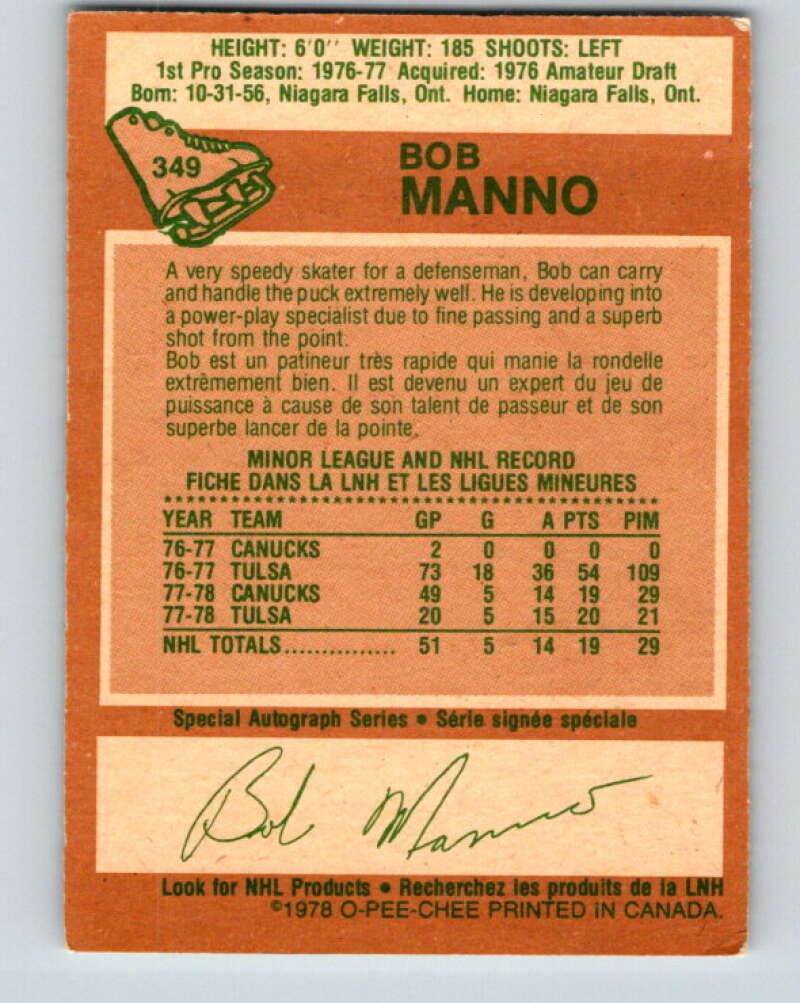 1978-79 O-Pee-Chee #349 Bob Manno RC Rookie Canucks  V25761