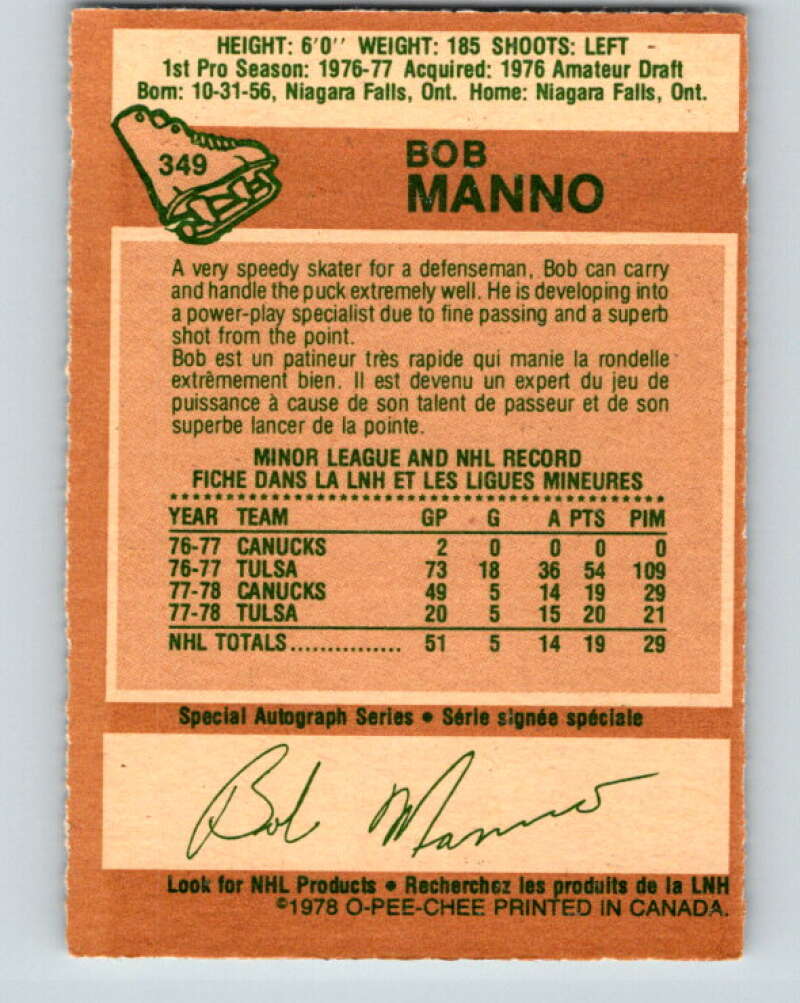 1978-79 O-Pee-Chee #349 Bob Manno RC Rookie Canucks  V25762