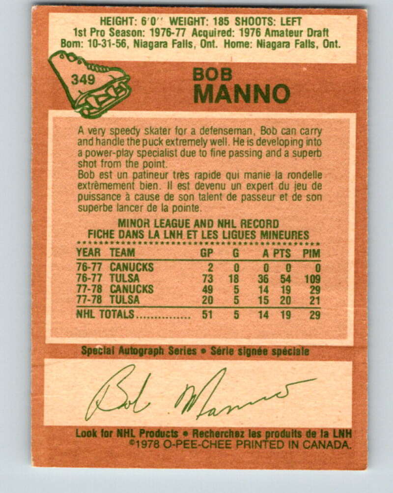 1978-79 O-Pee-Chee #349 Bob Manno RC Rookie Canucks  V25763