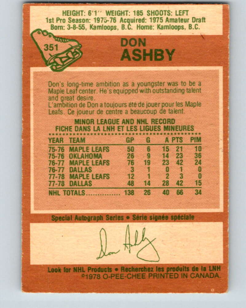 1978-79 O-Pee-Chee #351 Don Ashby  Toronto Maple Leafs  V25776