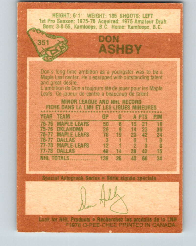 1978-79 O-Pee-Chee #351 Don Ashby  Toronto Maple Leafs  V25779