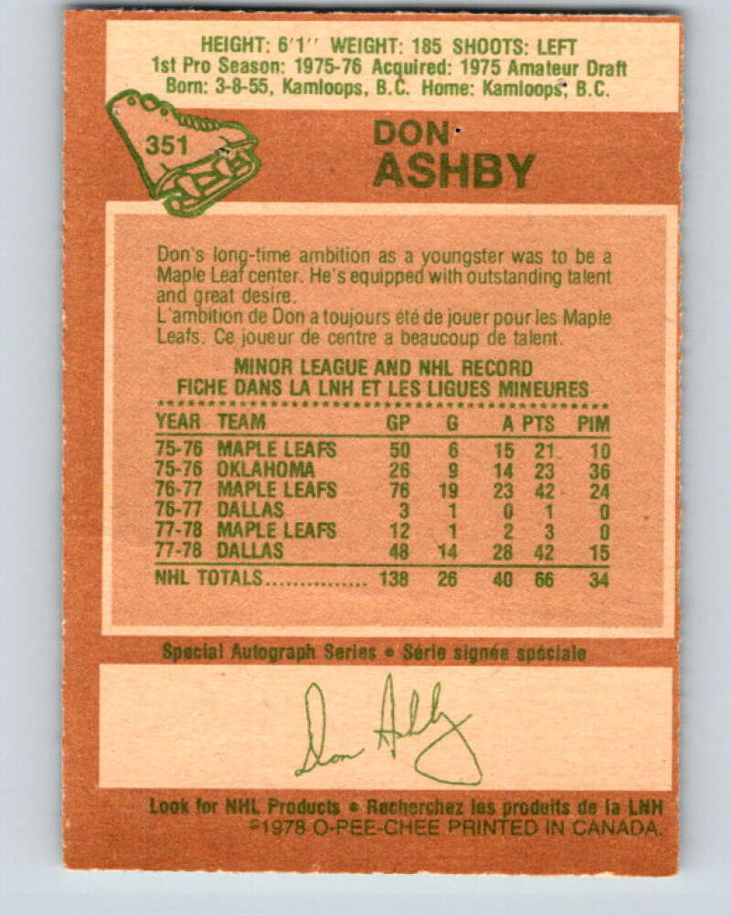 1978-79 O-Pee-Chee #351 Don Ashby  Toronto Maple Leafs  V25781