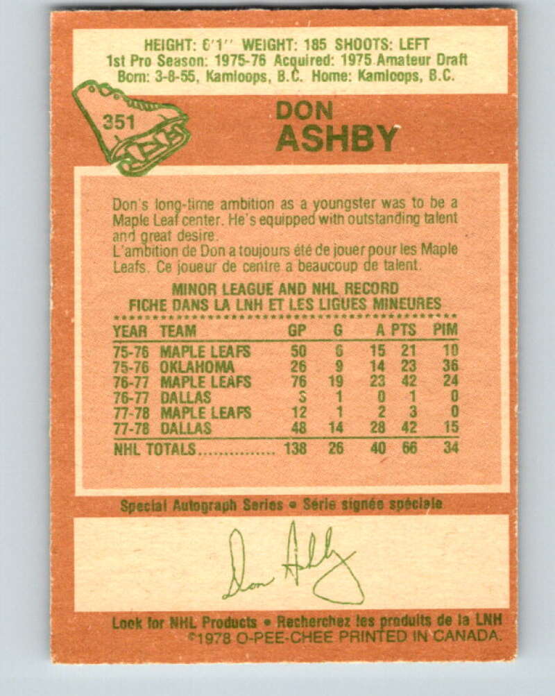 1978-79 O-Pee-Chee #351 Don Ashby  Toronto Maple Leafs  V25783