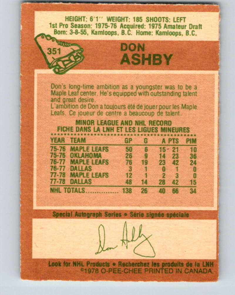 1978-79 O-Pee-Chee #351 Don Ashby  Toronto Maple Leafs  V25785