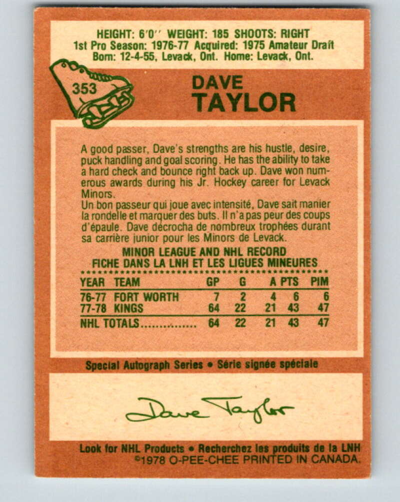 1978-79 O-Pee-Chee #353 Dave Taylor RC Rookie Kings  V25807