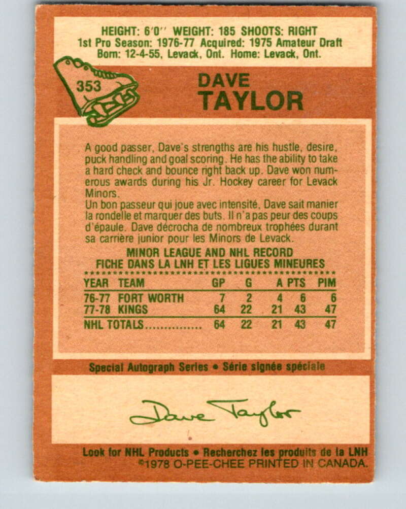 1978-79 O-Pee-Chee #353 Dave Taylor RC Rookie Kings  V25808