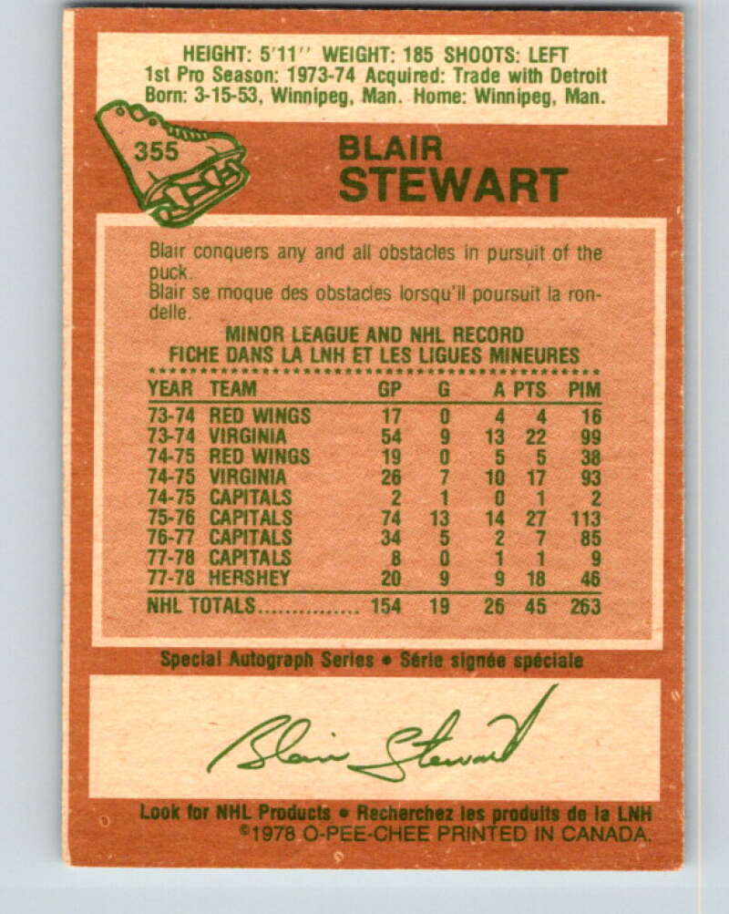 1978-79 O-Pee-Chee #355 Blair Stewart RC Rookie Capitals  V25829
