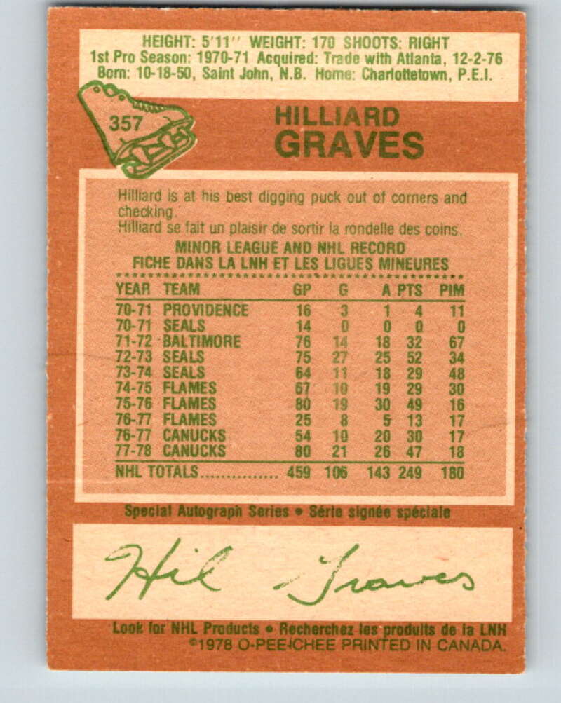 1978-79 O-Pee-Chee #357 Hilliard Graves  Vancouver Canucks  V25855
