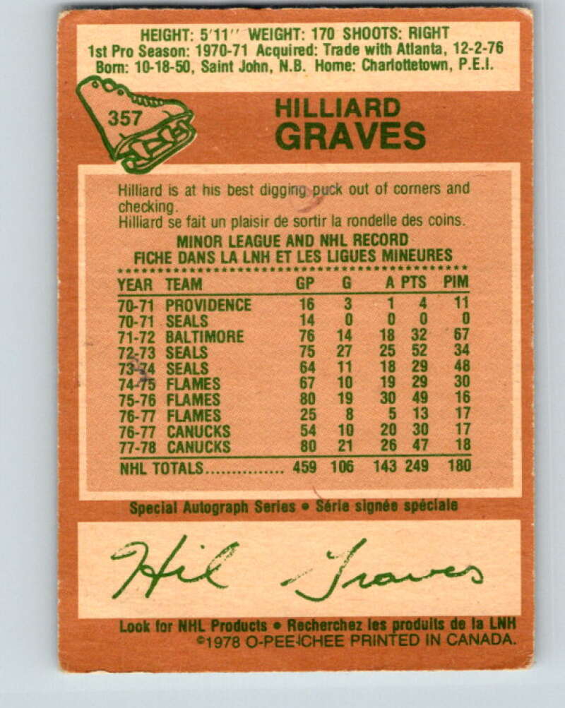 1978-79 O-Pee-Chee #357 Hilliard Graves  Vancouver Canucks  V25858