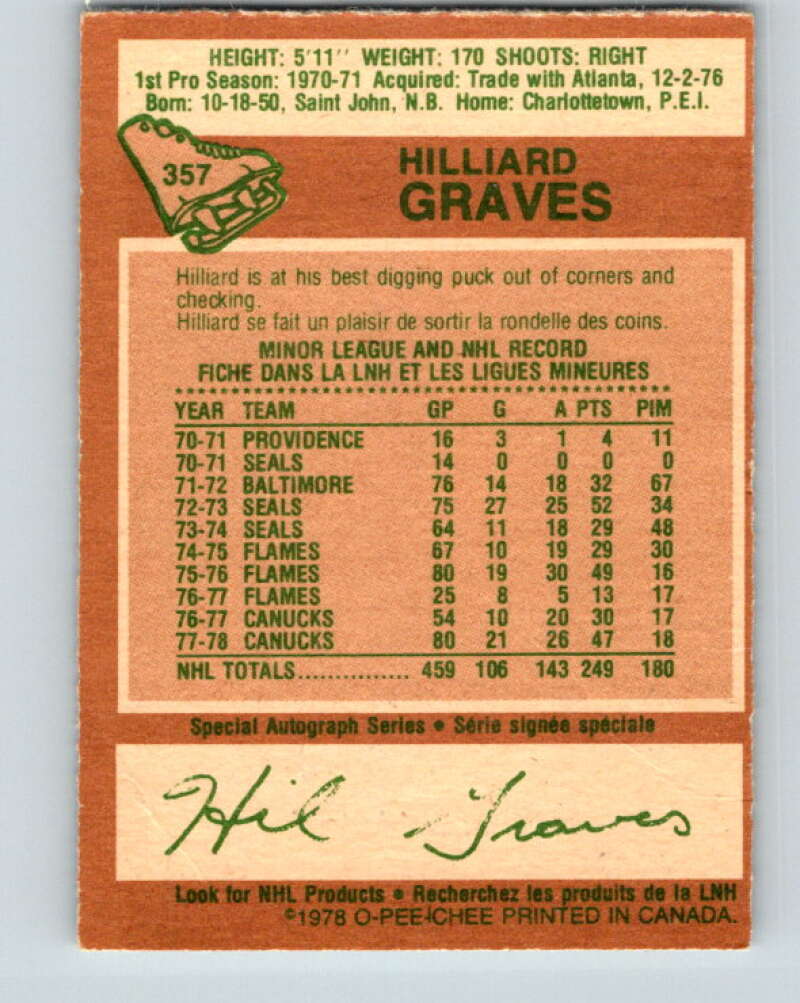 1978-79 O-Pee-Chee #357 Hilliard Graves  Vancouver Canucks  V25862