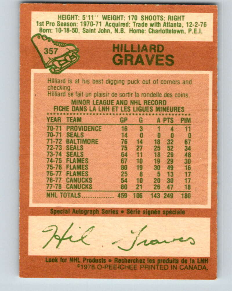 1978-79 O-Pee-Chee #357 Hilliard Graves  Vancouver Canucks  V25863