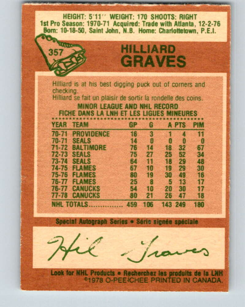 1978-79 O-Pee-Chee #357 Hilliard Graves  Vancouver Canucks  V25864