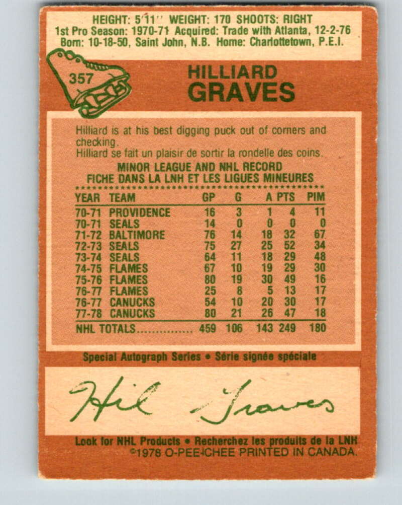 1978-79 O-Pee-Chee #357 Hilliard Graves  Vancouver Canucks  V25865
