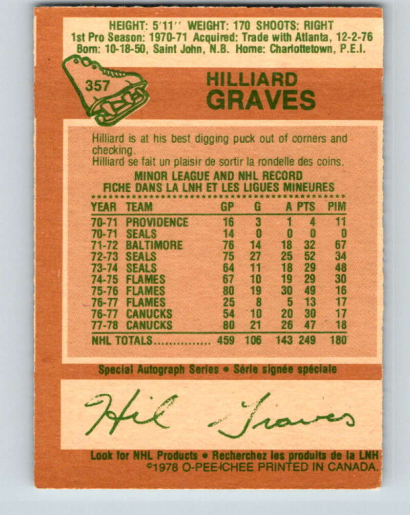 1978-79 O-Pee-Chee #357 Hilliard Graves  Vancouver Canucks  V25870
