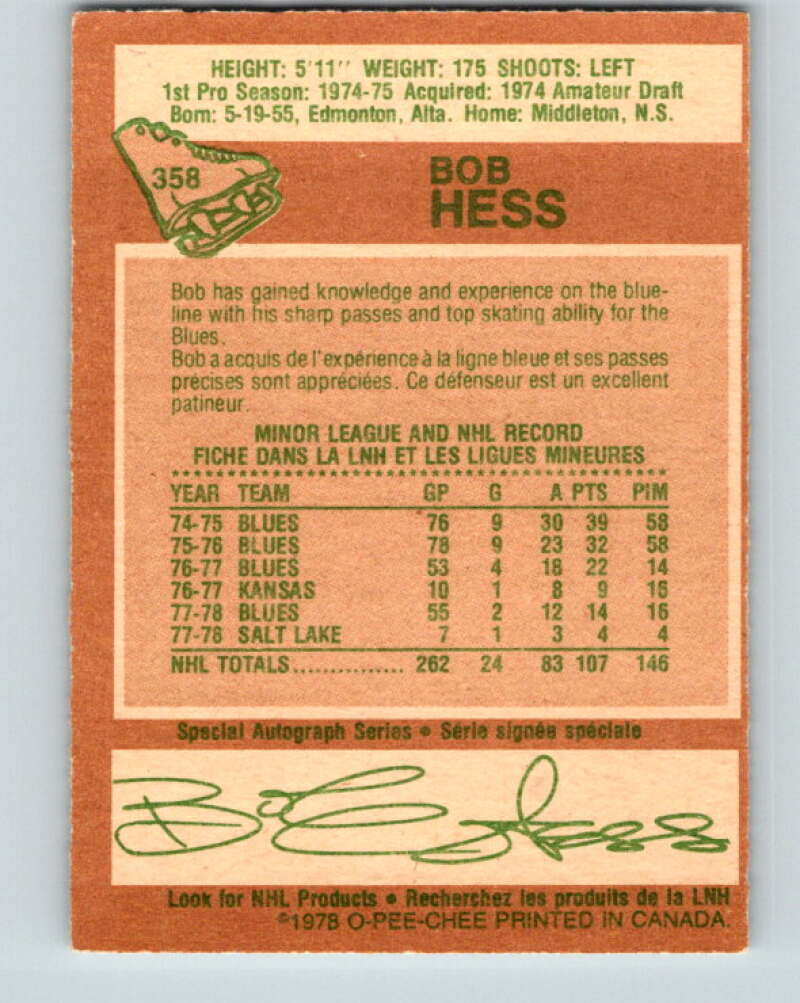 1978-79 O-Pee-Chee #358 Bob Hess  St. Louis Blues  V25875