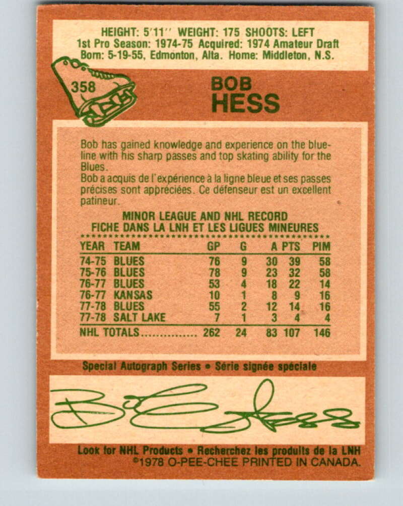 1978-79 O-Pee-Chee #358 Bob Hess  St. Louis Blues  V25880