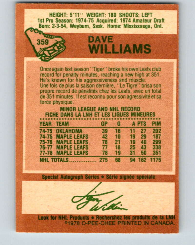 1978-79 O-Pee-Chee #359 Tiger Williams Maple Leafs  V25883
