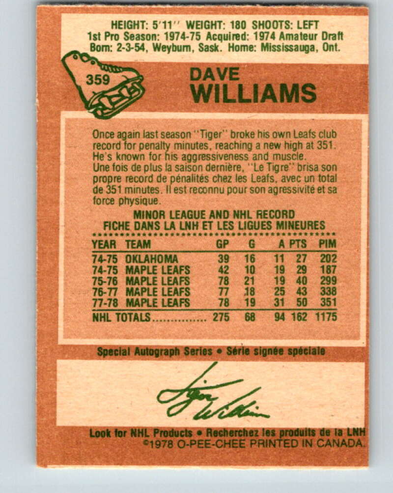 1978-79 O-Pee-Chee #359 Tiger Williams Maple Leafs  V25884