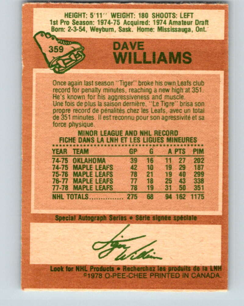 1978-79 O-Pee-Chee #359 Tiger Williams Maple Leafs  V25886