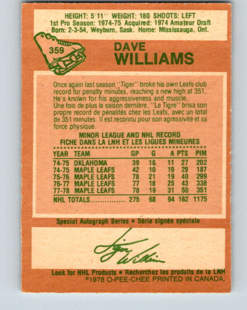 1978-79 O-Pee-Chee #359 Tiger Williams Maple Leafs  V25887