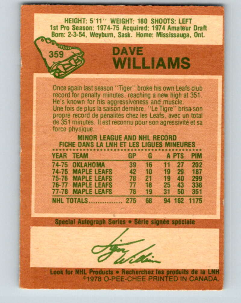 1978-79 O-Pee-Chee #359 Tiger Williams Maple Leafs  V25888