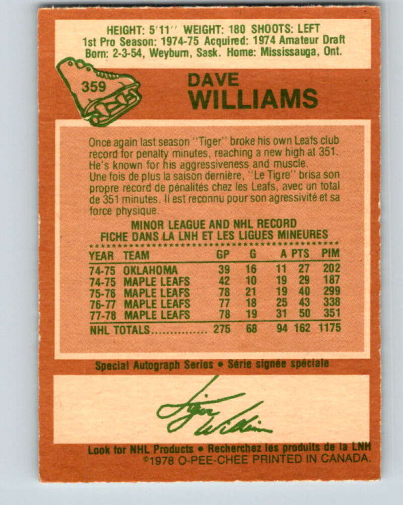 1978-79 O-Pee-Chee #359 Tiger Williams Maple Leafs  V25889