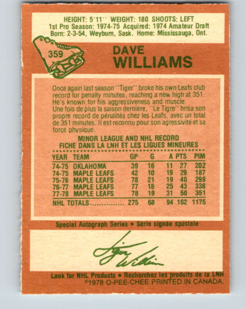1978-79 O-Pee-Chee #359 Tiger Williams Maple Leafs  V25891