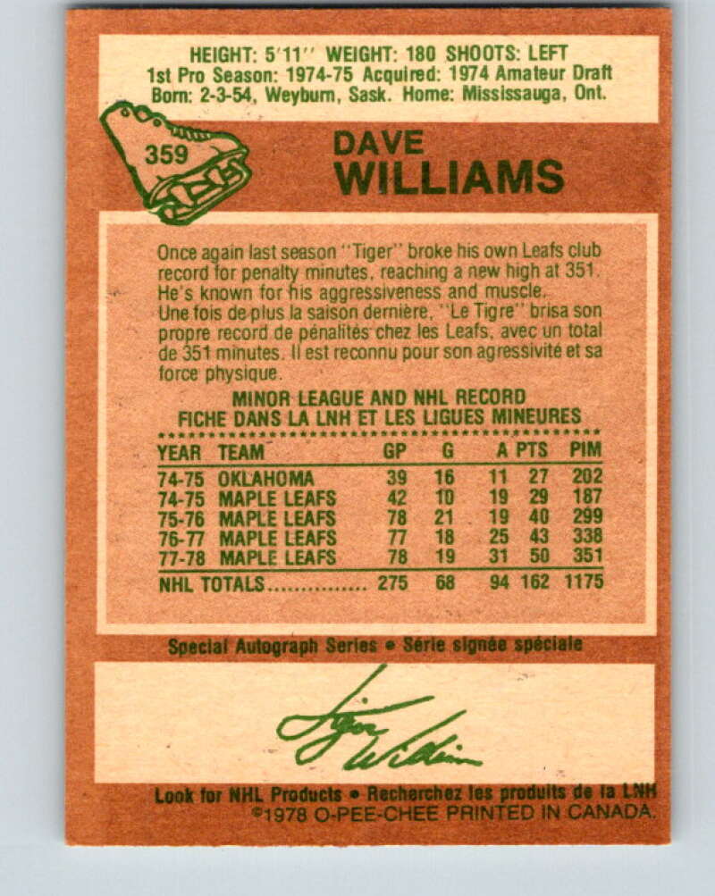 1978-79 O-Pee-Chee #359 Tiger Williams Maple Leafs  V25892