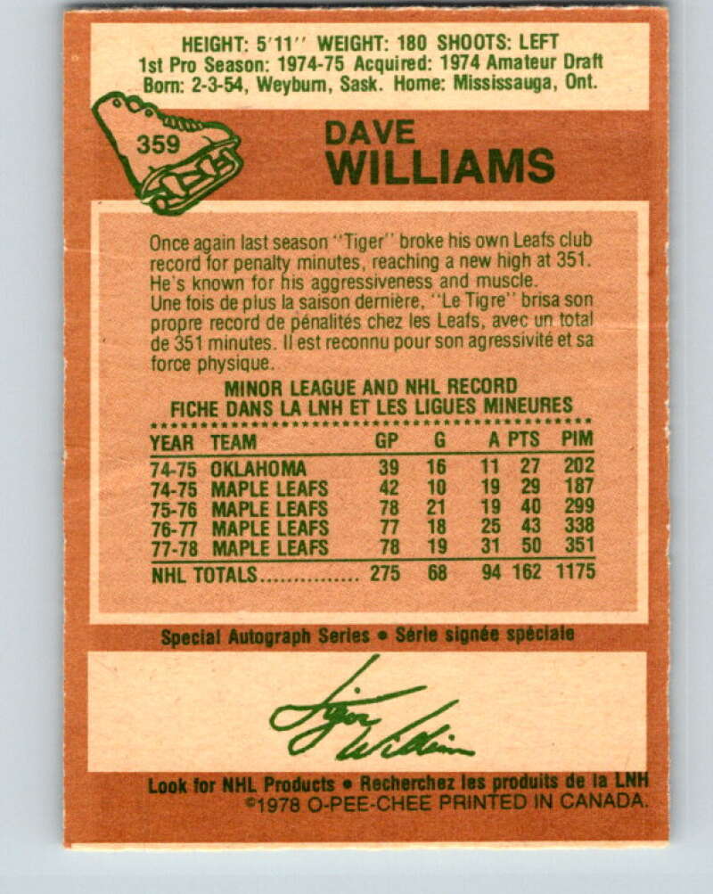 1978-79 O-Pee-Chee #359 Tiger Williams Maple Leafs  V25893