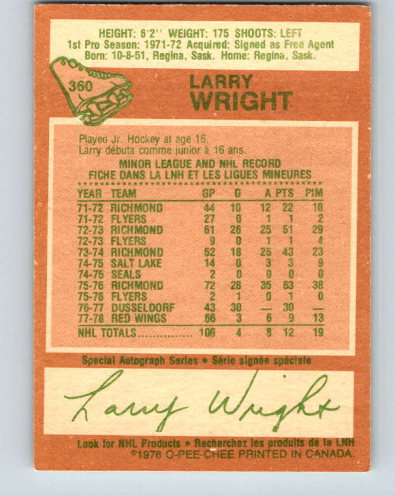 1978-79 O-Pee-Chee #360 Larry Wright RC Rookie Wings  V25897